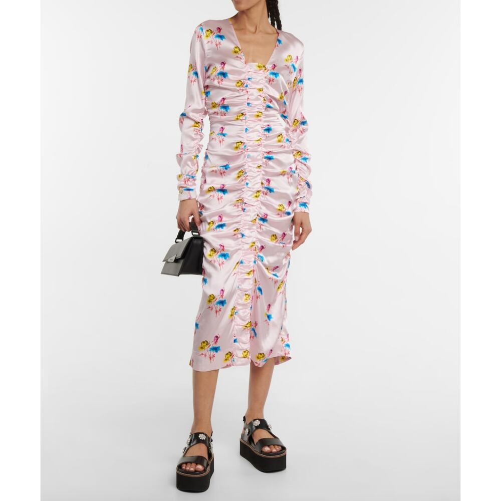 GANNI Ruched Floral Stretch Silk Satin Midi Dress Long Sleeve Baby Pink XS NWT